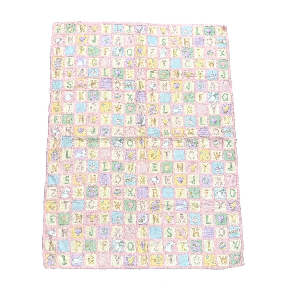 Pastel Alphabet Block Pink Minky Baby Blanket Animals handmade Reverse